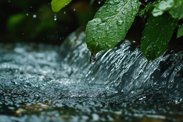Poster - Vibrant green leaves are captured with droplets of water dripping down, juxtaposed against the tranquil flow of a stream, embodying the refreshing essence of nature.