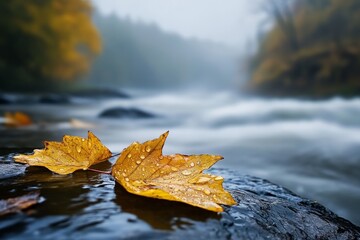 Poster - Yellow autumn leaves rest on a wet stone next to a rapid river, embodying the essence of fall, with a blurred background adding depth and atmosphere to the image.