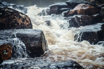 A dynamic river rushes over large rocks with white water splashes, capturing the essence of movement and power in a serene natural landscape setting.