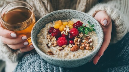 A chic person sipping herbal tea while enjoying a bowl of oatmeal