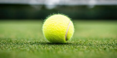 Tennis ball resting on a green grass surface in a sports setting.