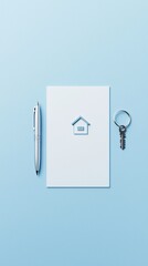 Poster - A minimalist setup of a mortgage approval document with a pen and keychain in the shape of a house, leaving ample copy space for text.