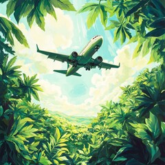 Airplane flying over lush green jungle with blue sky and white clouds visible above.