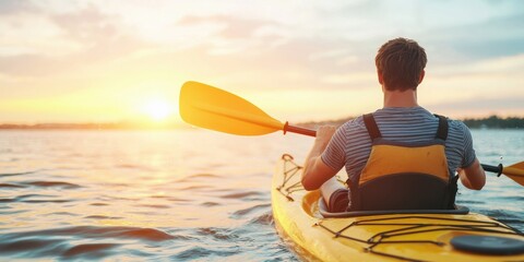Wall Mural - A person kayaking during sunset on a peaceful lake, serene and vibrant atmosphere.