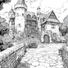 A medieval castle with a stone bridge leading to the entrance, drawn in black and white.