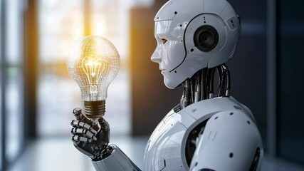Poster - A white robot holds a glowing light bulb in its hand, symbolizing its innovative and intelligent nature