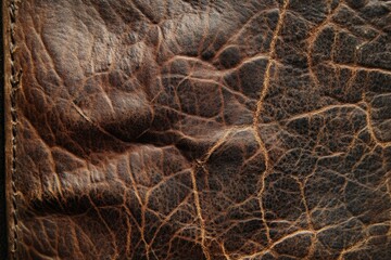 Poster - Detailed view of worn brown leather, showcasing its cracked surface and natural patterns, conveying a sense of timelessness and rustic craftsmanship beauty.