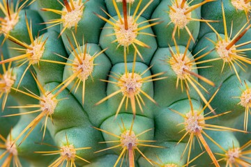 Poster - A macro shot showcasing a vibrant green cactus with yellow spines, displaying a fascinating geometric pattern of ridges and spines. Nature's intricate artwork in detail.