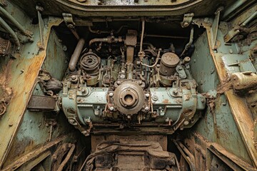 Aufkleber - A detailed view of a complex tank engine, showcasing its intricate components, representing engineering marvels and the intricacies of military power machinery.
