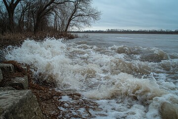 Aufkleber - Water splashes energetically over a stone edge, surrounded by leafless trees and a cloudy sky, highlighting a river's restless, vigorous interaction with nature.