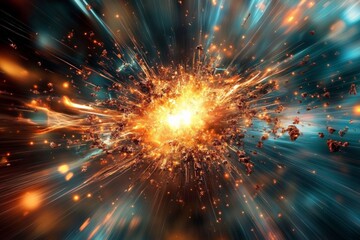 Poster - A powerful explosion with bright orange and blue tones, capturing the essence of energy and chaos, highlighting the artistic beauty of dynamic motion.