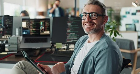 Aufkleber - Man, office and happy with tablet for coding on research for upgrade or innovation as software engineer. Male person, employee and computer on portrait or confidence for programming and system update