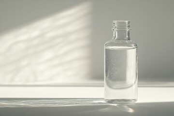 Poster - A minimalist transparent bottle with an open top filled with liquid, emphasizing on the purity of the liquid and the simplicity of design in soft lighting.