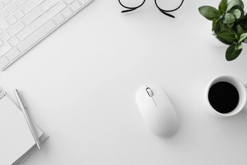 Aufkleber - A clean and minimalist workspace featuring a keyboard, mouse, coffee cup, notebook, glasses, and a small green plant, all arranged for productivity and focus.