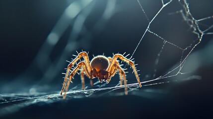 Spider crawls along its web in nature
