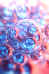 Poster - Illustration of transparent glass spheres with colored highlights of light in cool blue and warm orange tones. The depth of field effect enhances the perception of the image