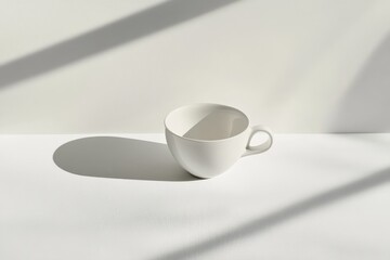 Poster - A minimalistic white cup is placed on a white surface, casting a soft shadow from light coming from left, creating a simple yet artistic composition.