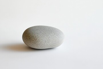 Poster - A single pebble is placed on a plain white surface, highlighted by soft lighting that creates a gentle shadow, offering a sense of calmness and stability.