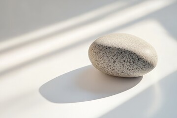 Poster - A single smooth pebble sits on a white surface casting a delicate shadow, evoking a sense of serenity and minimalism in the interplay of light and texture.