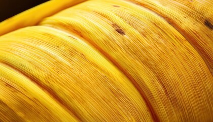 Poster - Macro Close-Up of Ripe Yellow Banana Peel with Brown Spots and Veins, Detailed Textured Background Ideal for Food Concepts, Natural Patterns, or Tropical Fruit Themed Designs