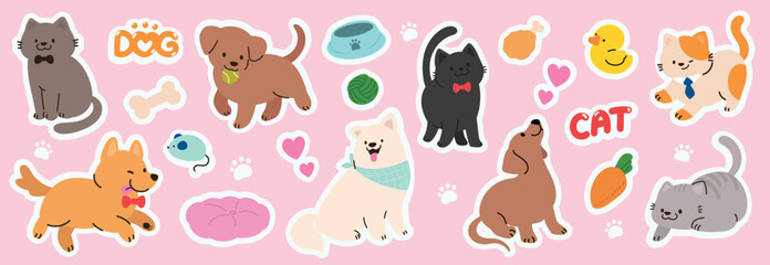 set of cute pet sticker vector. lovely cat and dog doodle in different poses and breeds. adorable fu