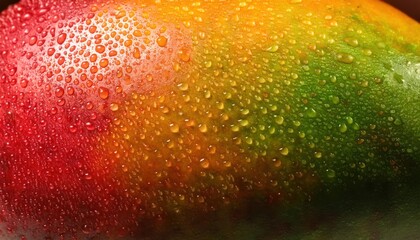 Poster - Close-Up of Colorful Ripe Mango with Vibrant Green, Yellow, and Red Hues, Covered in Fresh Dew Drops for Tropical Fruit, Juicy Texture, Refreshing Food Concept, or Background Use