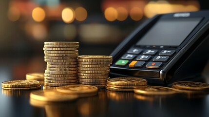 A black credit card terminal and gold coins on a gold surface.