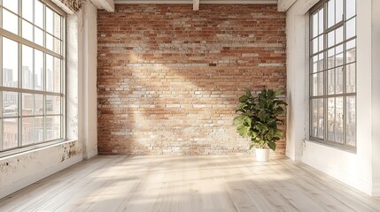 Wall Mural - 3D illustration mockup of traditional loft room interior with brick wall