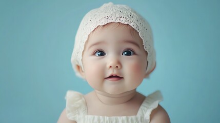 A baby with big brown eyes looks at the camera.