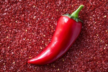 Poster - This image showcases a singular red pepper resting gracefully amid finely textured chili flakes, illustrating boldness and vibrancy in culinary presentation.
