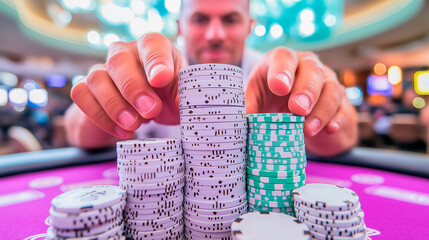 on the gambling table in the casino are poker chips, dice and cards