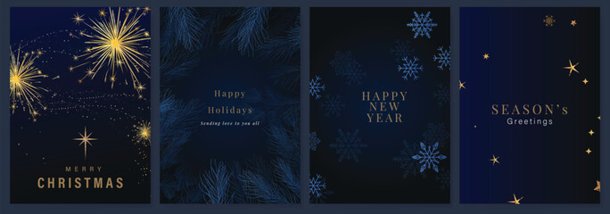 Luxury Happy Holidays invitation card design vector. Elegant Happy New Year card with leaves branch, gold foil texture on navy blue background. Design for Season's Greeting, christmas, cover, poster.