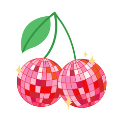 groovy cherry disco ball. retro mirror disco ball isolated on white background. vector illustration 