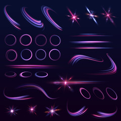 Poster - Set of neon lines, blurred into moving spirals. Neon glowing shiny spiral speed lines purple and blue color light effect.
