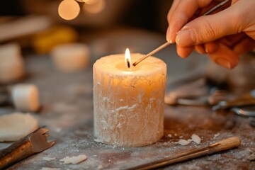 Poster - A hand lights a beautifully carved candle surrounded by work tools, highlighting precision, attention to craft and the atmospheric warmth inviting a cozy mood.