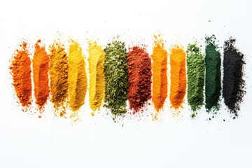 Poster - An array of culinary spices exhibiting a striking visual of diverse colors, ranging from earthy greens to fiery reds, creatively arranged for visual impact.