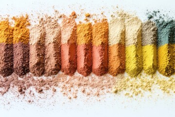 Aufkleber - An assortment of ground spices blends into a colorful gradient, creating a visually rich and aromatic spectrum of flavors arranged in an artistic manner.