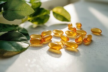 aesthetic photo of vitamin d capsules scattered on the table