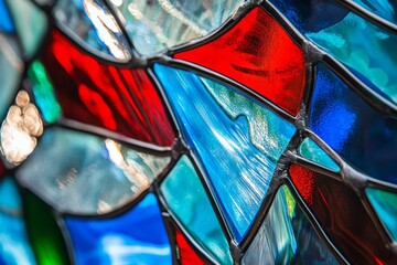 Fototapete - A vibrant close-up of stained glass, featuring rich reds and blues intertwined in intricate patterns, capturing the essence of colorful abstract art.