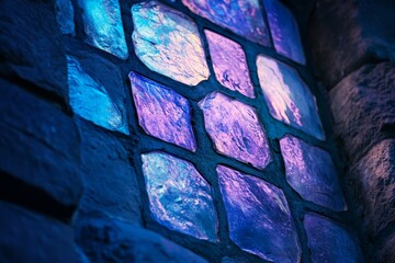 Aufkleber - A windowpane of stained glass in blues and purples, with a textured surface casting a soft glow across the stone wall, creating a serene atmosphere inside.