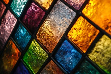 Aufkleber - A multicolored stained glass with square patterns, revealing different textures and shades, capturing the essence of artistic expression and colorful design.