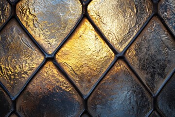 Aufkleber - An antique-styled stained glass window glowing with golden hues, highlighting intricate patterns and textures, reflecting timeless elegance and classic craftsmanship.
