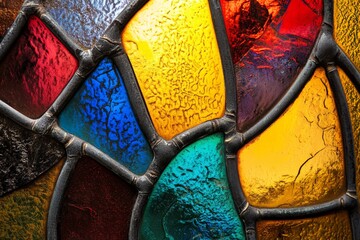 Aufkleber - A vibrant stained glass window with various colors and abstract shapes, showcasing the beauty of traditional craftsmanship in a mosaic style art form.
