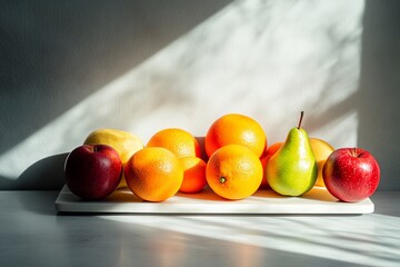 Aufkleber - This image showcases a collection of citrus fruits and apples placed on a white cutting board, bathed in gentle sunlight, emphasizing freshness and variety.