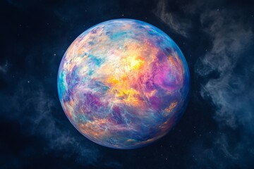 this artistic rendering depicts a dreamy, colorful planet enveloped in a mystical aura, floating ser