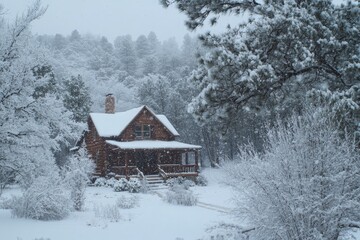 Poster - A charming log cabin nestled in a forest blanketed with fresh snow, surrounded by tall evergreen trees, capturing the tranquil essence of a winter wonderland.