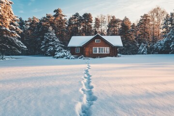 Poster - A solitary log cabin softly illuminated by the gentle light of sunrise, surrounded by snowy trees, creating a peaceful and harmonious winter scene.