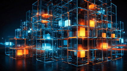 Poster - Interconnected transparent cubes in an abstract technology composition