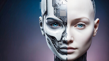  - Close-up of a stylized humanoid face, half human, half robot. Artificial intelligence concept.