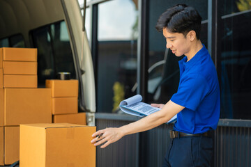 Asian delivery man work in truck for checking the product in the truck, concept ecommerce.